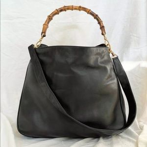 GUCCI Bamboo Handle Black Leather Hobo Hand Bag